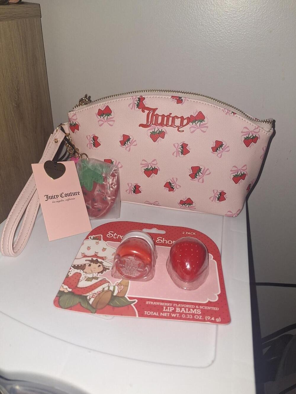 Juicy Couture Pink Strawberry Print Cosmetic Bag with Strawberry Lip Balm Set -